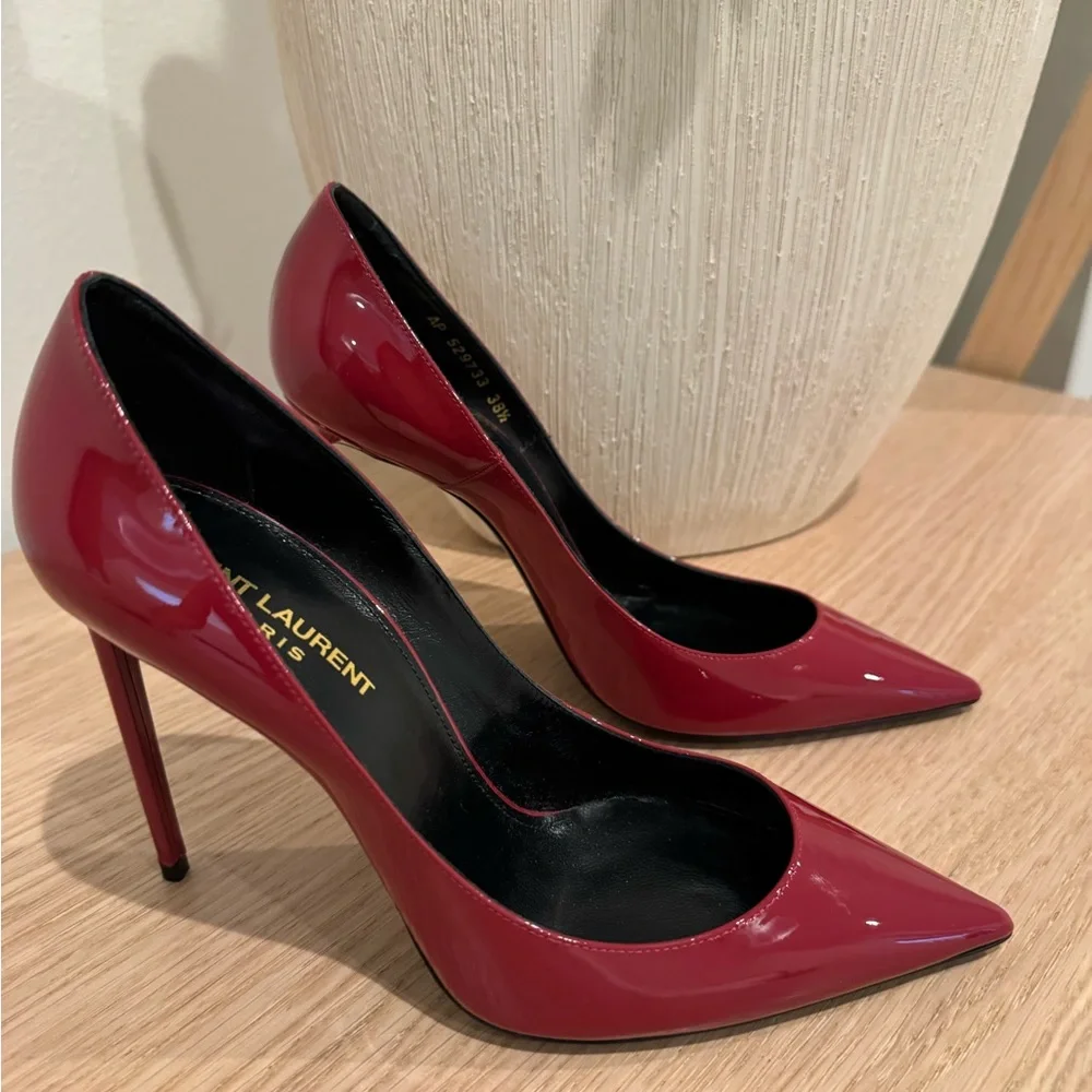 Saint Laurent Burgundy Patent Pointed-Toe Pumps - Picture 11 of 14